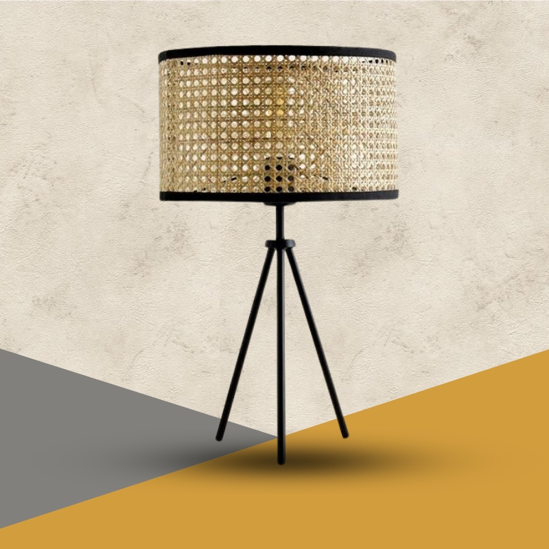 Sleek Minimalistic Woven Rattan Nightstand - Black Tripod Legs